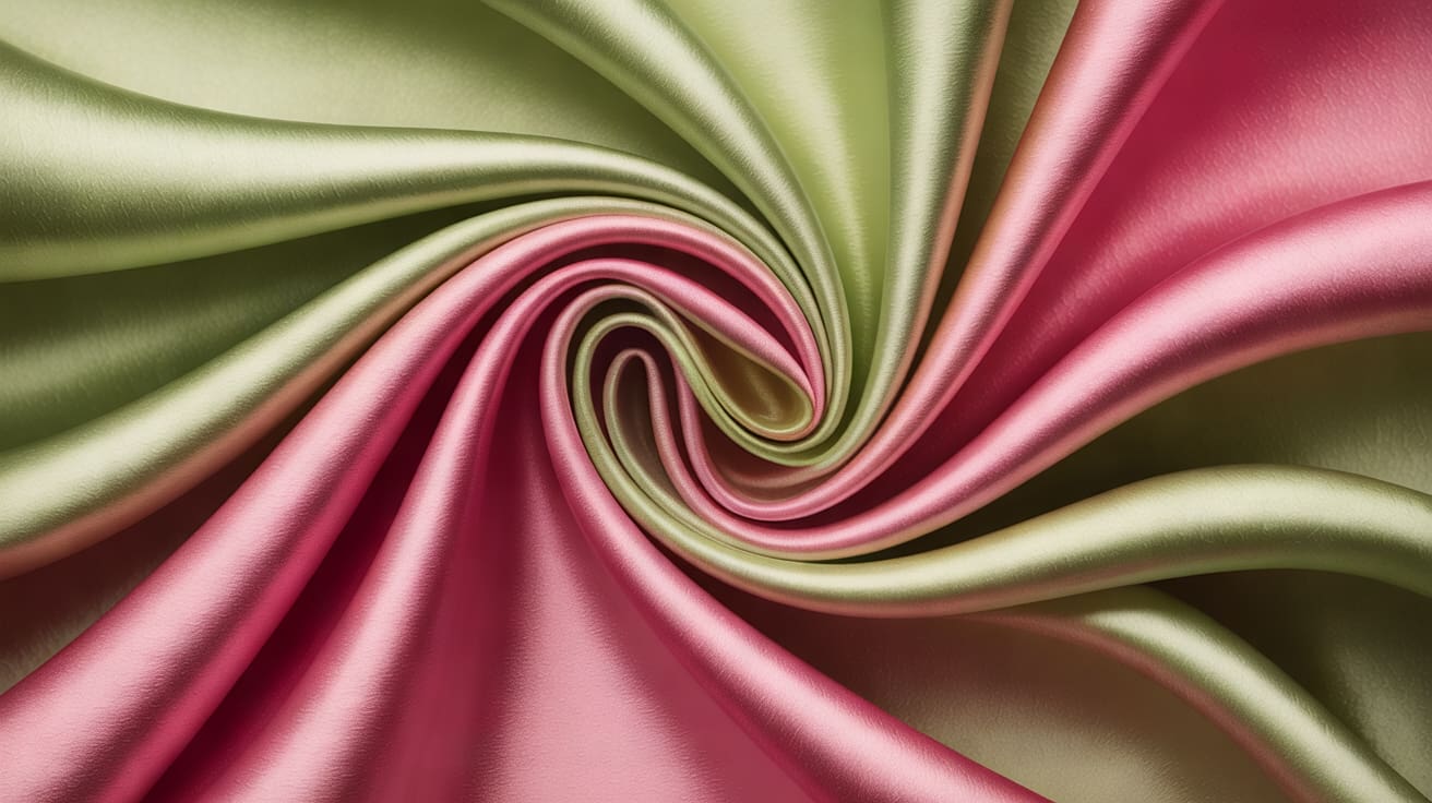 Abstract macro texture of fine folded silk in pale olive green and blush pink, soft directional light across delicate cr